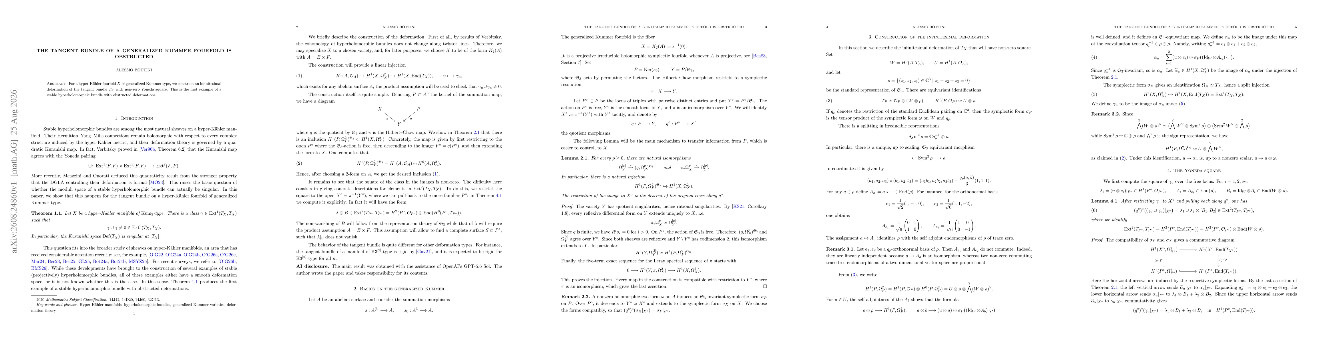 Thumbnail for The tangent bundle of a generalized Kummer fourfold is obstructed