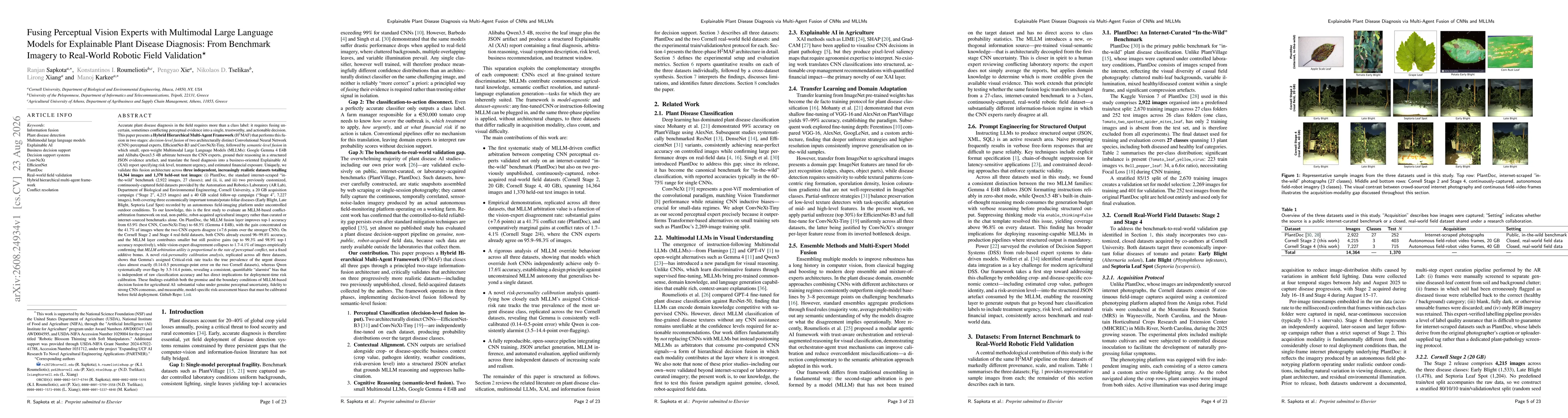 Thumbnail for Fusing Perceptual Vision Experts with Multimodal Large Language Models for Explainable Plant Disease Diagnosis: From Benchmark Imagery to Real-World Robotic Field Validation