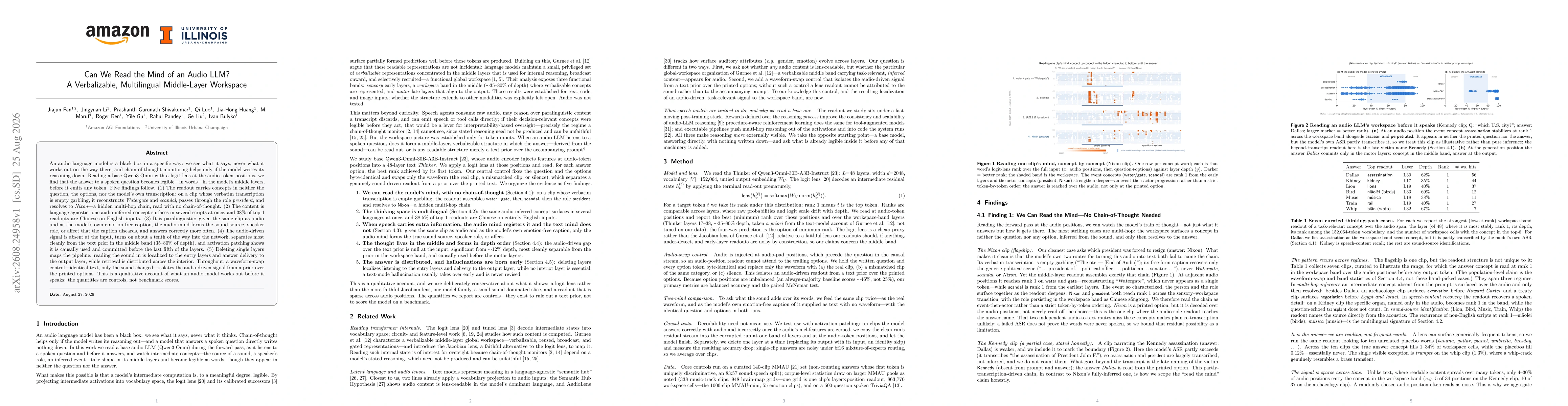 Thumbnail for Can We Read the Mind of an Audio LLM? A Verbalizable, Multilingual Middle-Layer Workspace