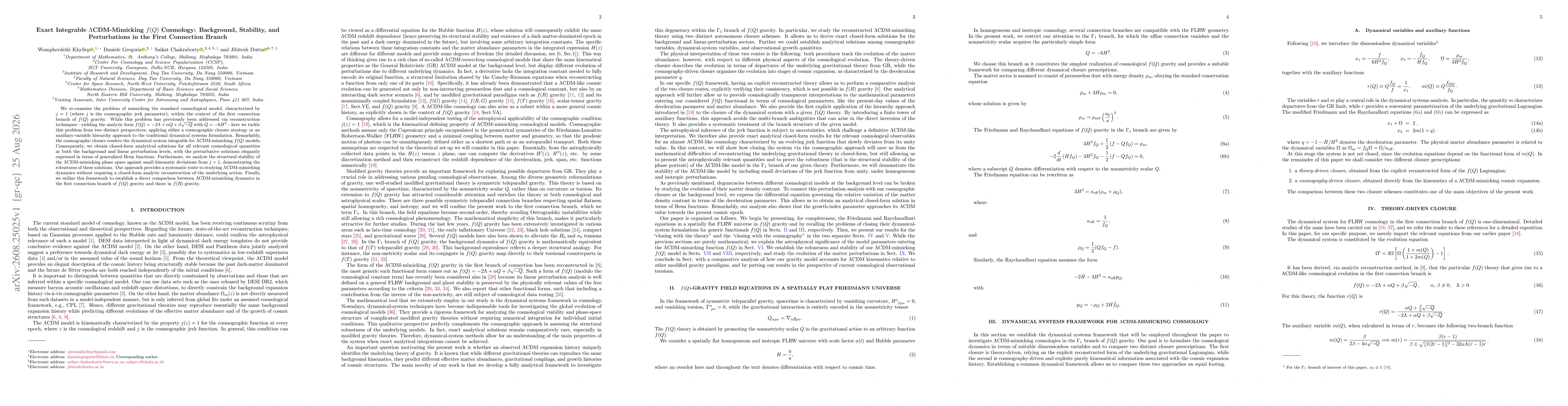 Thumbnail for Exact Integrable $Λ$CDM-Mimicking $f(Q)$ Cosmology: Background, Stability, and Perturbations in the First Connection Branch