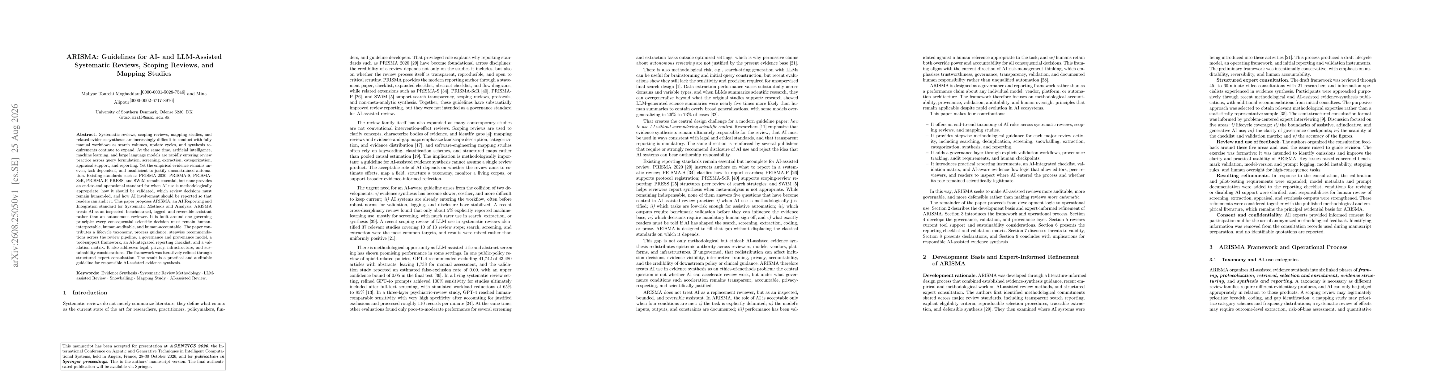 Thumbnail for ARISMA: Guidelines for AI- and LLM-Assisted Systematic Reviews, Scoping Reviews, and Mapping Studies