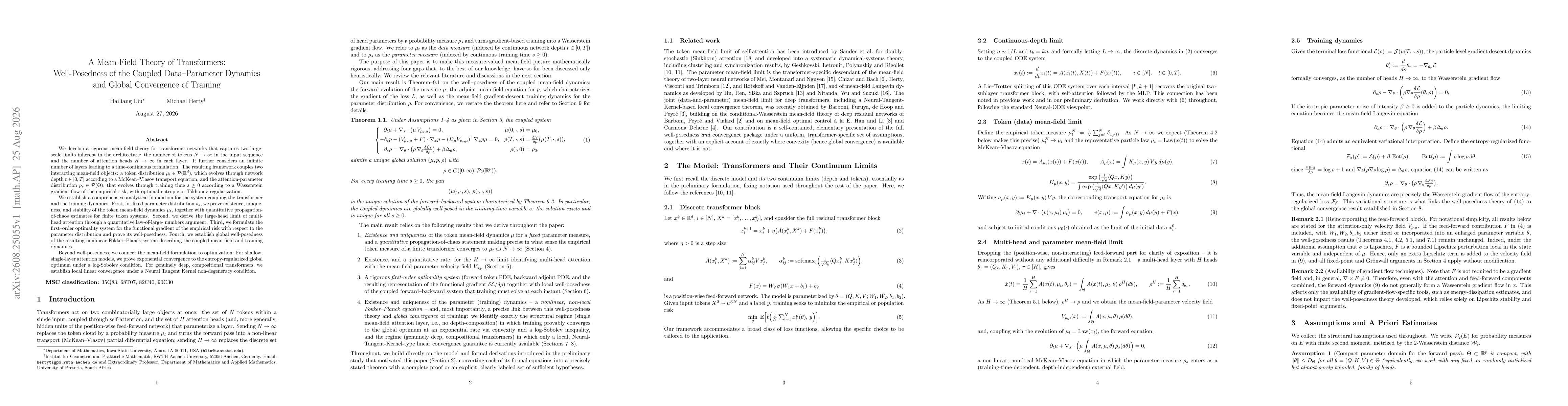 Thumbnail for A Mean-Field Theory of Transformers: Well-Posedness of the Coupled Data--Parameter Dynamics and Global Convergence of Training