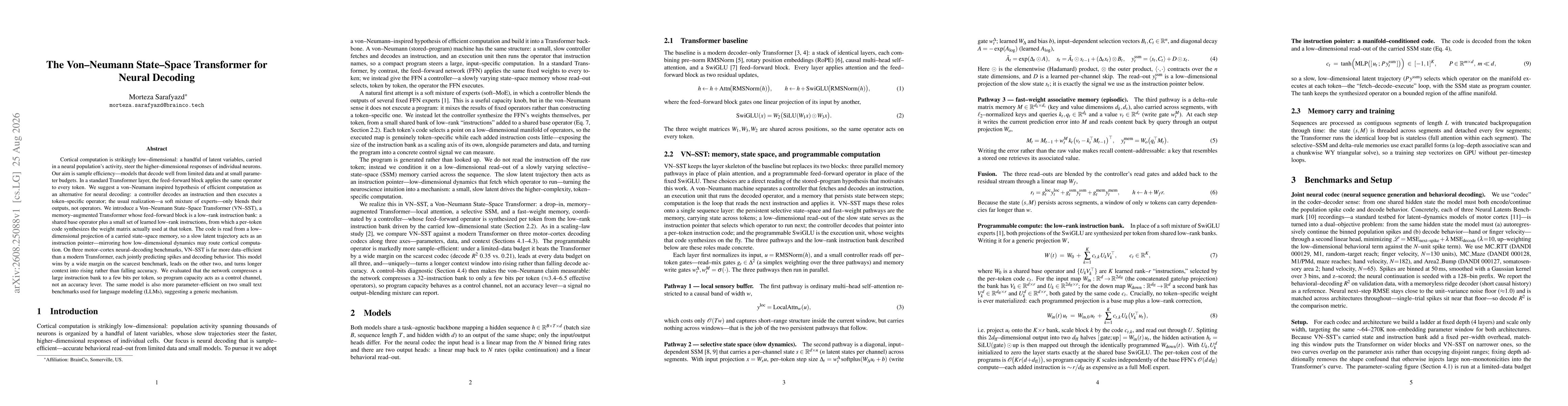 Thumbnail for The Von-Neumann State-Space Transformer for neural decoding