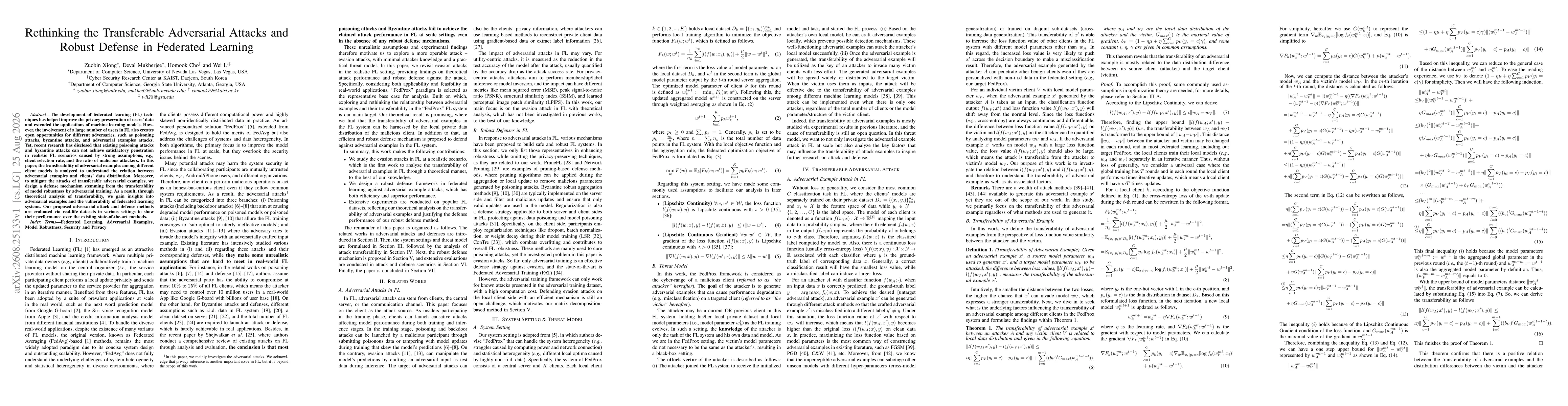 Thumbnail for Rethinking the Transferable Adversarial Attacks and Robust Defense in Federated Learning