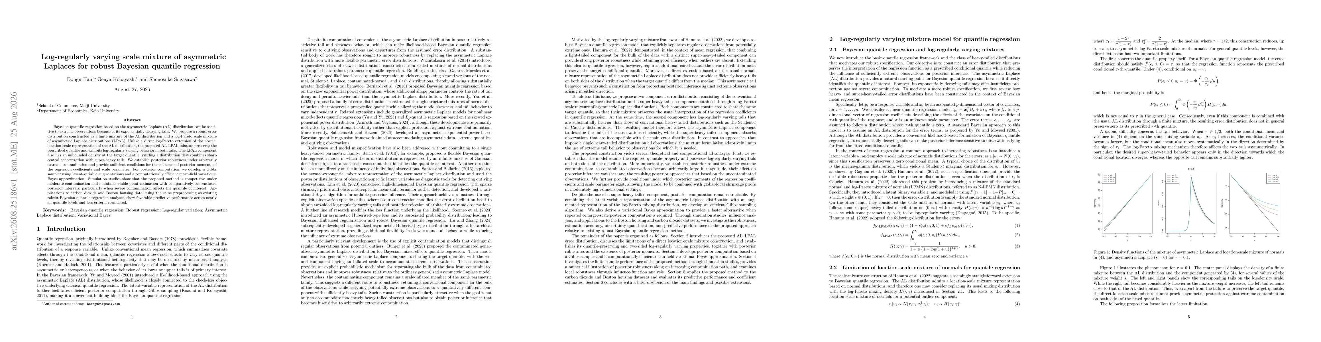 Thumbnail for Log-regularly varying scale mixture of asymmetric Laplaces for robust Bayesian quantile regression