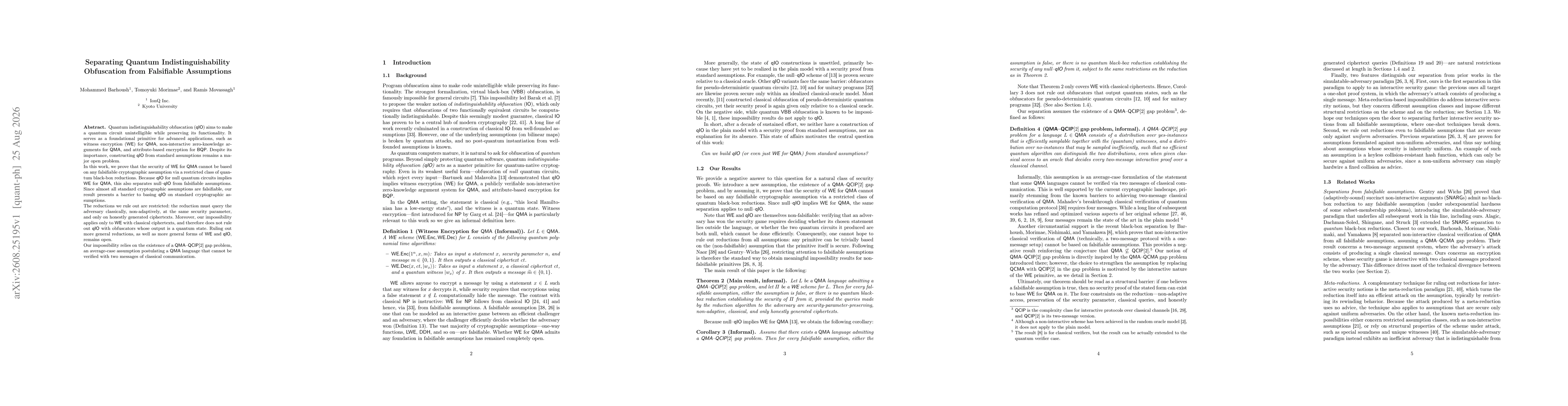 Thumbnail for Separating Quantum Indistinguishability Obfuscation from Falsifiable Assumptions