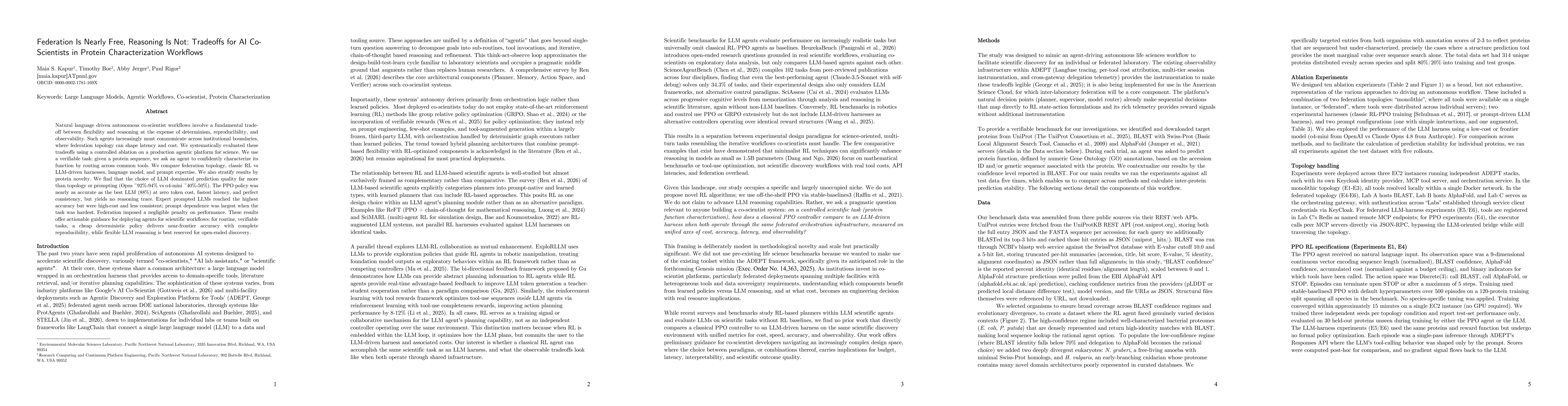 Thumbnail for Federation Is Nearly Free, Reasoning Is Not: Tradeoffs for AI Co-Scientists in Protein Characterization Workflows