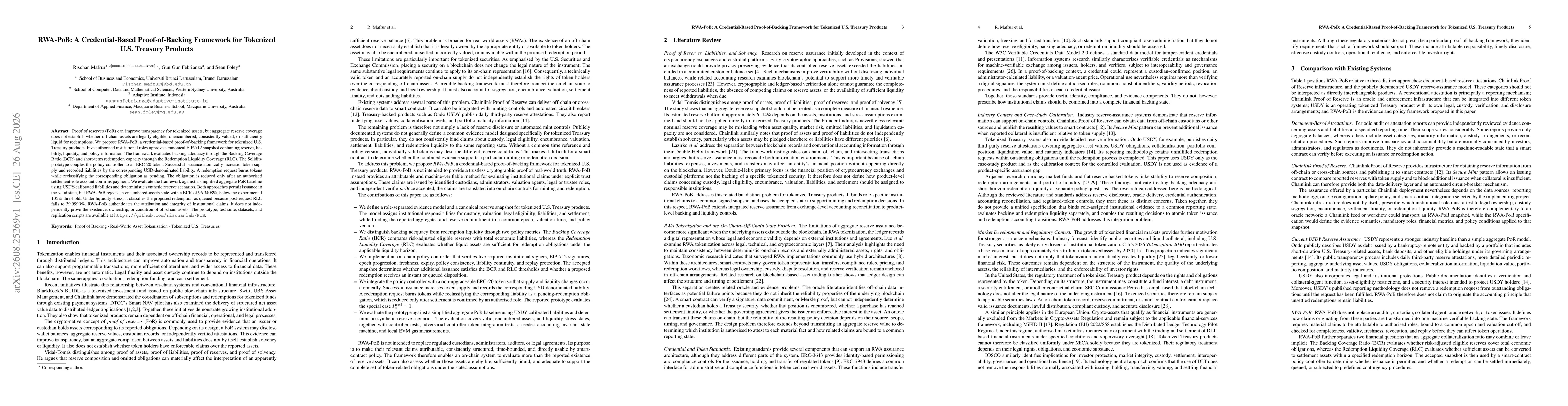 Thumbnail for RWA-PoB: A Credential-Based Proof-of-Backing Framework for Tokenized U.S. Treasury Products