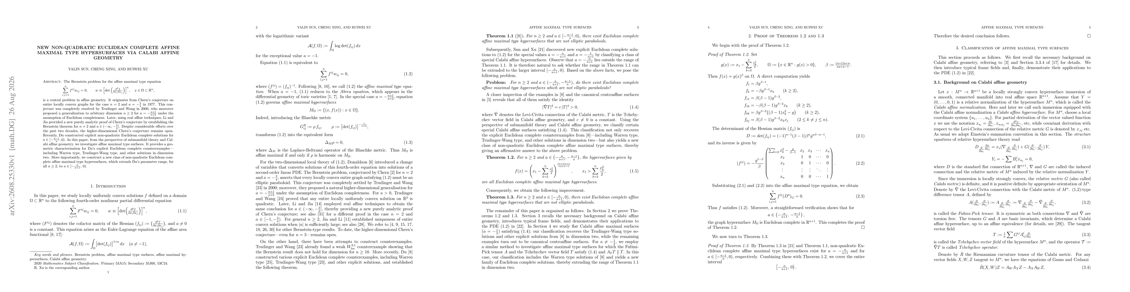 Thumbnail for New non-quadratic Euclidean complete affine maximal type hypersurfaces via Calabi affine geometry