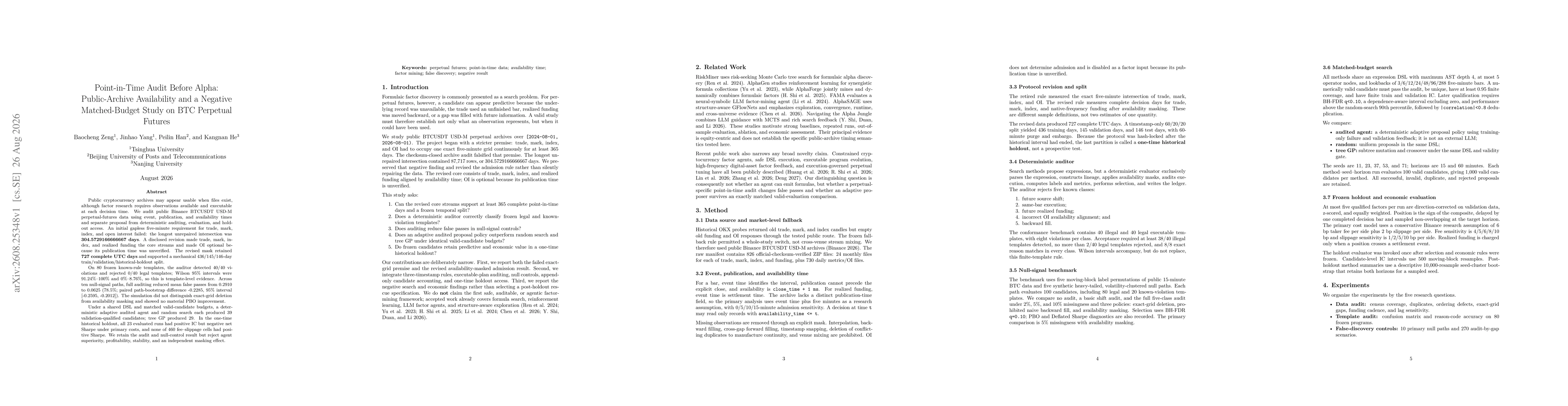 Thumbnail for Point-in-Time Audit Before Alpha: Public-Archive Availability and a Negative Matched-Budget Study on BTC Perpetual Futures