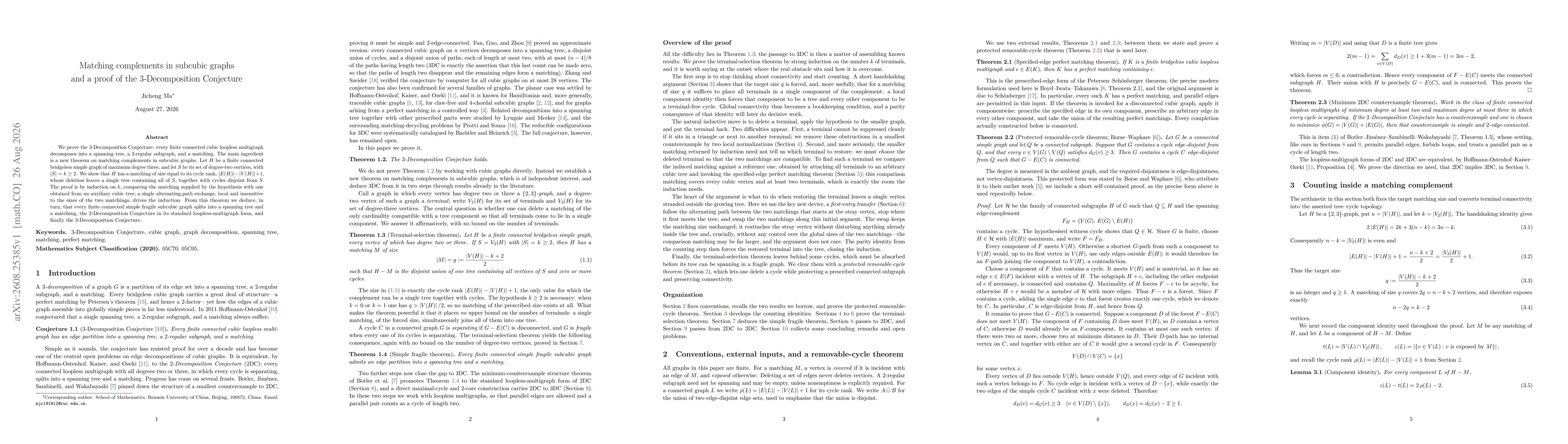 Thumbnail for Matching complements in subcubic graphs and a proof of the 3-Decomposition Conjecture