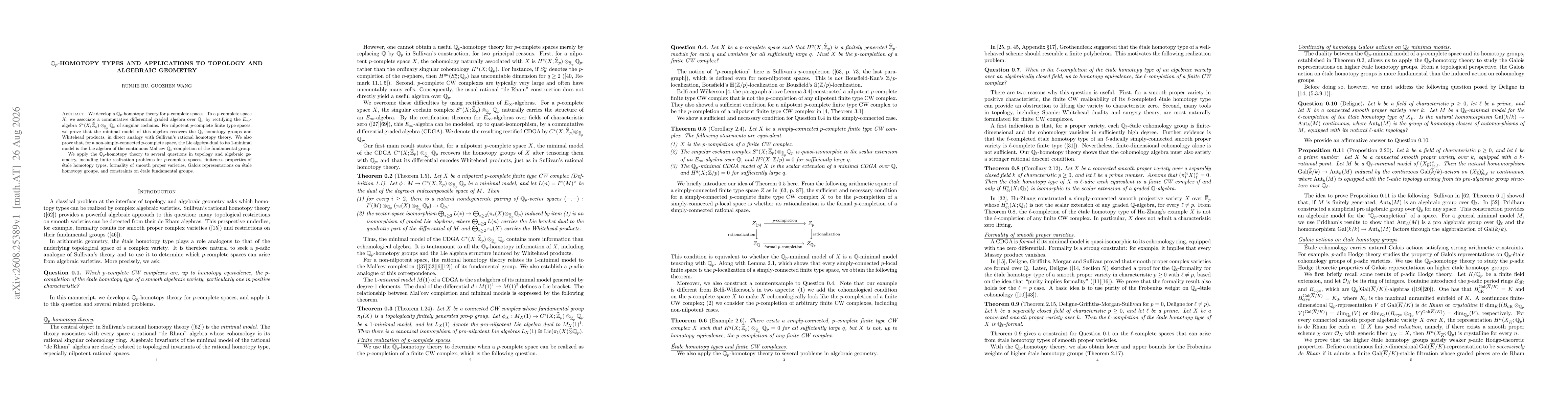 Thumbnail for $\mathbb{Q}_p$-Homotopy Types and Applications to Topology and Algebraic Geometry