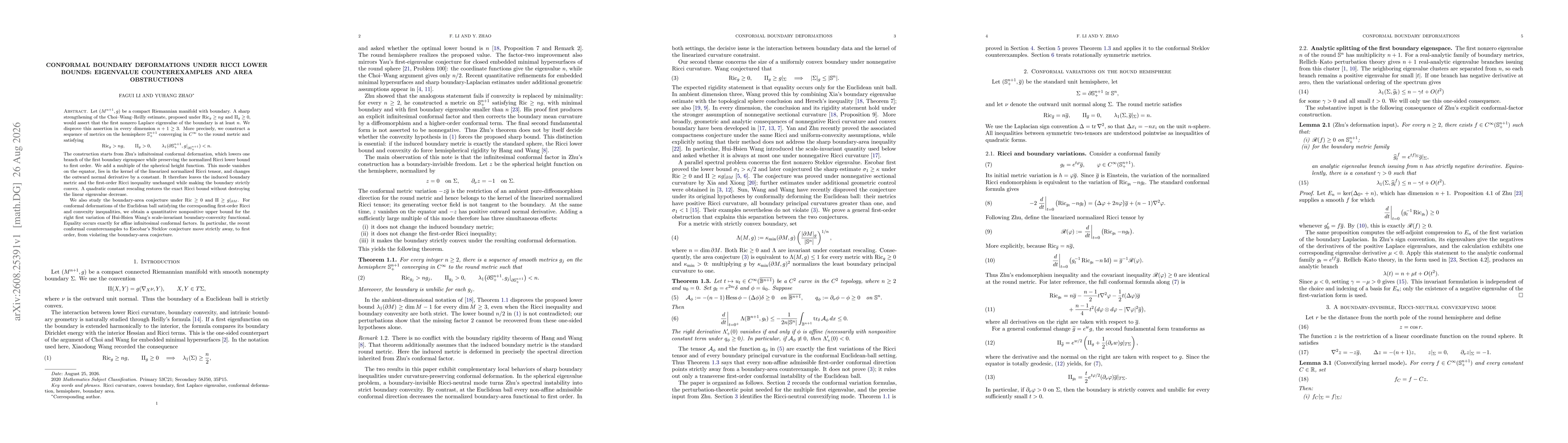 Thumbnail for Conformal Boundary Deformations under Ricci Lower Bounds: Eigenvalue Counterexamples and Area Obstructions