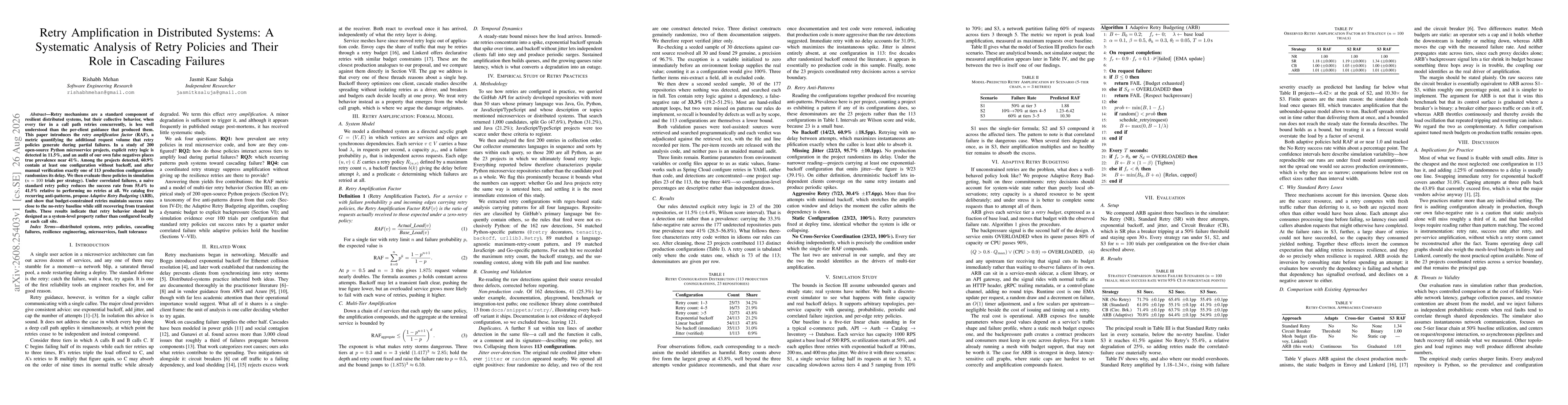 Thumbnail for Retry Amplification in Distributed Systems: A Systematic Analysis of Retry Policies and Their Role in Cascading Failures