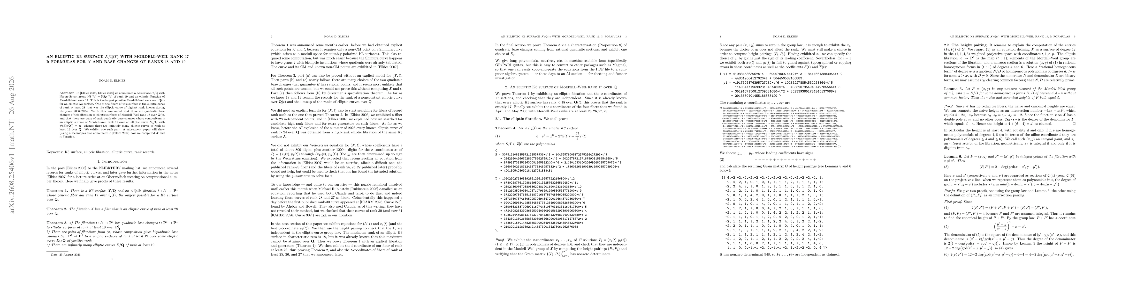 Thumbnail for An elliptic K3 surface X/Q(t) with Mordell-Weil rank 17, I: Formulas for X and base changes of rank 18 and 19