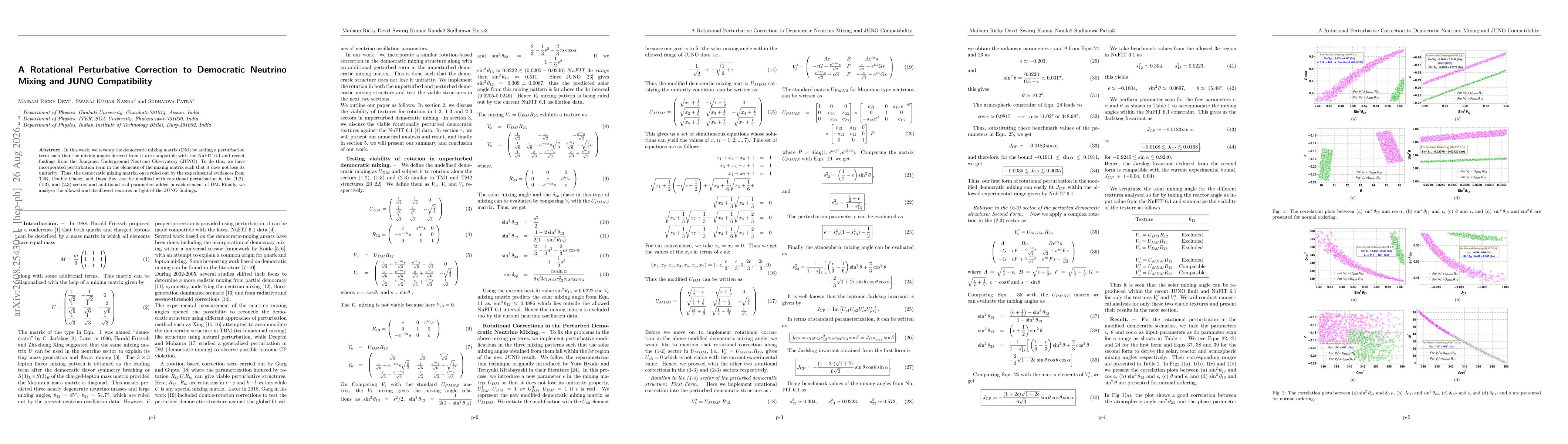 Thumbnail for A Rotational Perturbative Correction to Democratic Neutrino Mixing and JUNO Compatibility