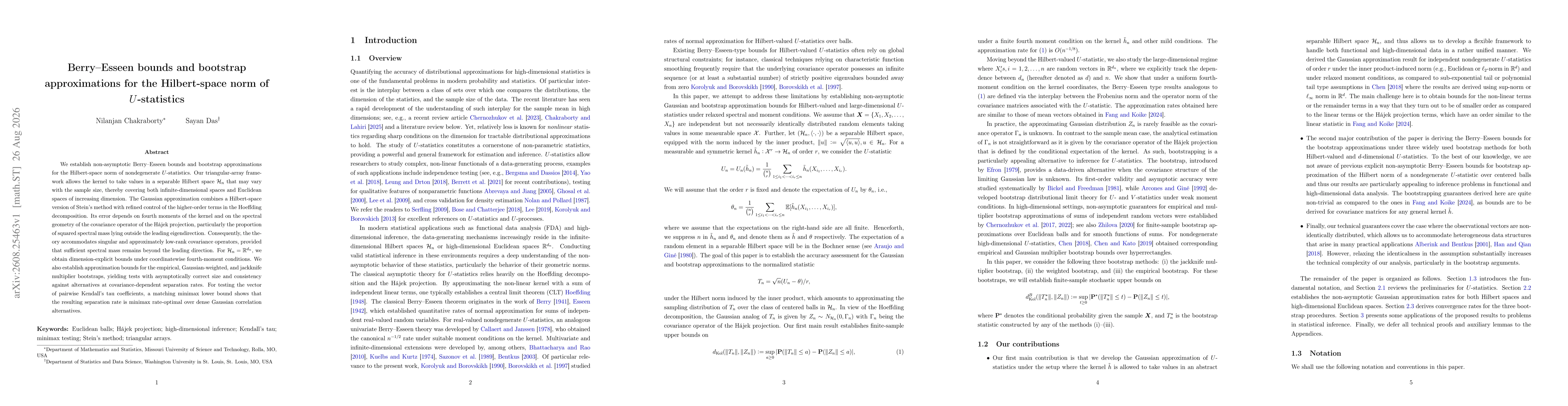 Thumbnail for Berry--Esseen bounds and bootstrap approximations for the Hilbert-space norm of $U$-statistics