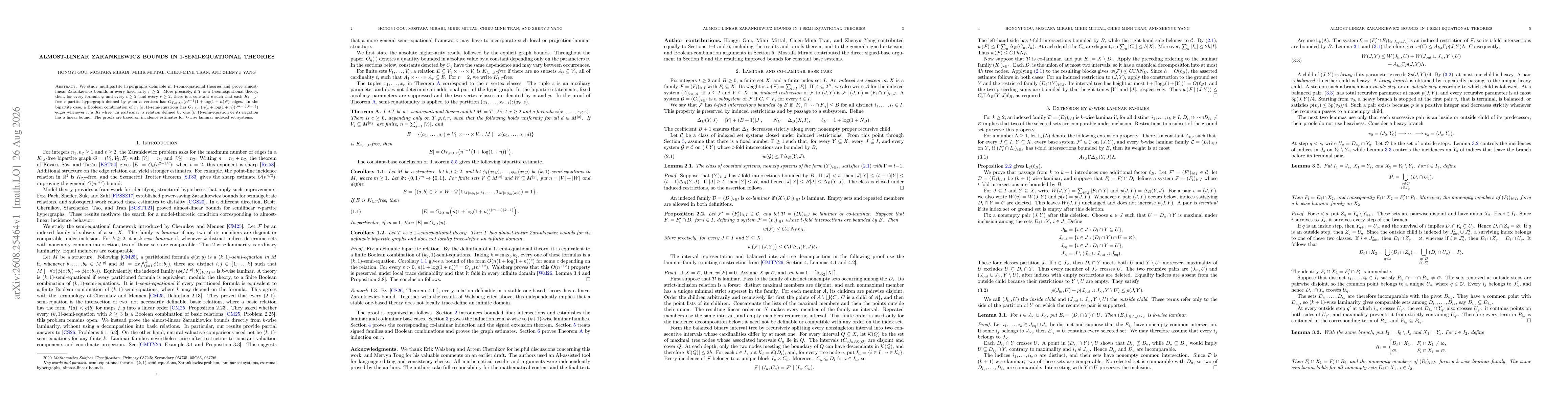 Thumbnail for Almost-linear Zarankiewicz bounds in $1$-semi-equational theories