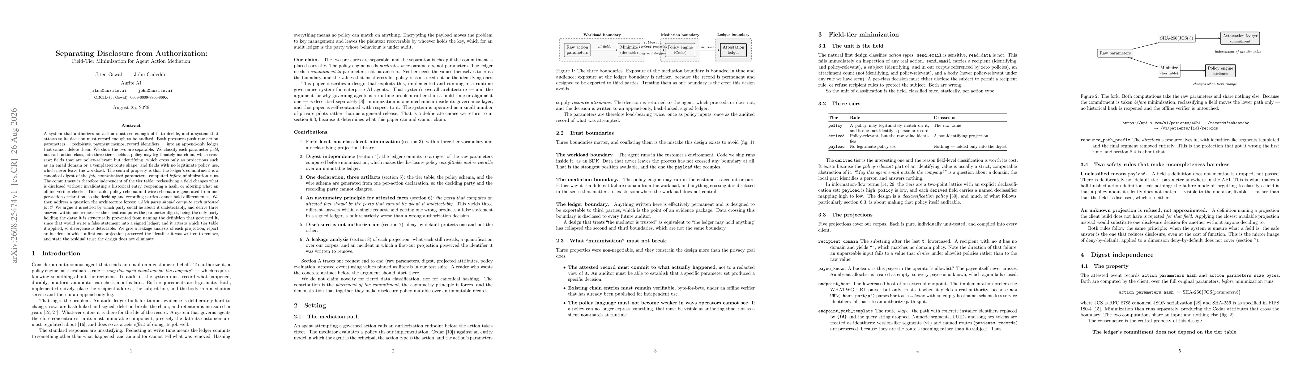 Thumbnail for Separating Disclosure from Authorization: Field-Tier Minimization for Agent Action Mediation