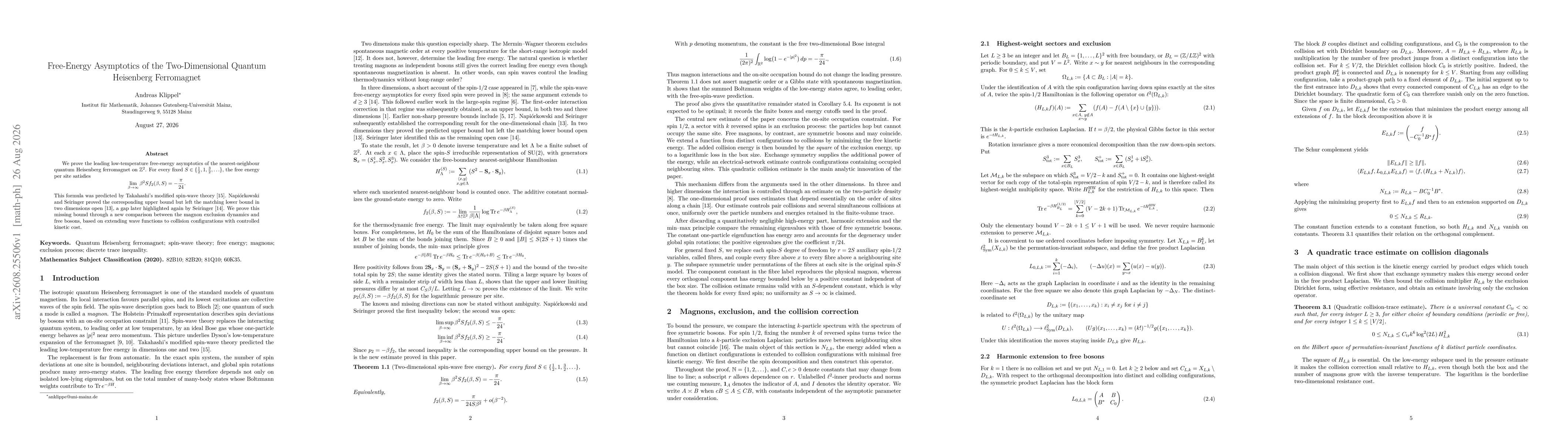 Thumbnail for Free-Energy Asymptotics of the Two-Dimensional Quantum Heisenberg Ferromagnet