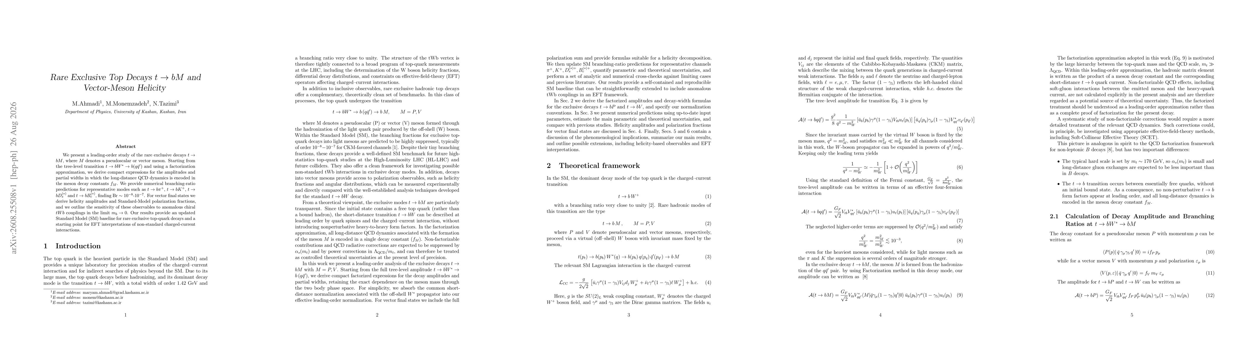 Thumbnail for Rare Exclusive Top Decays t , b M and Vector-Meson Helicity