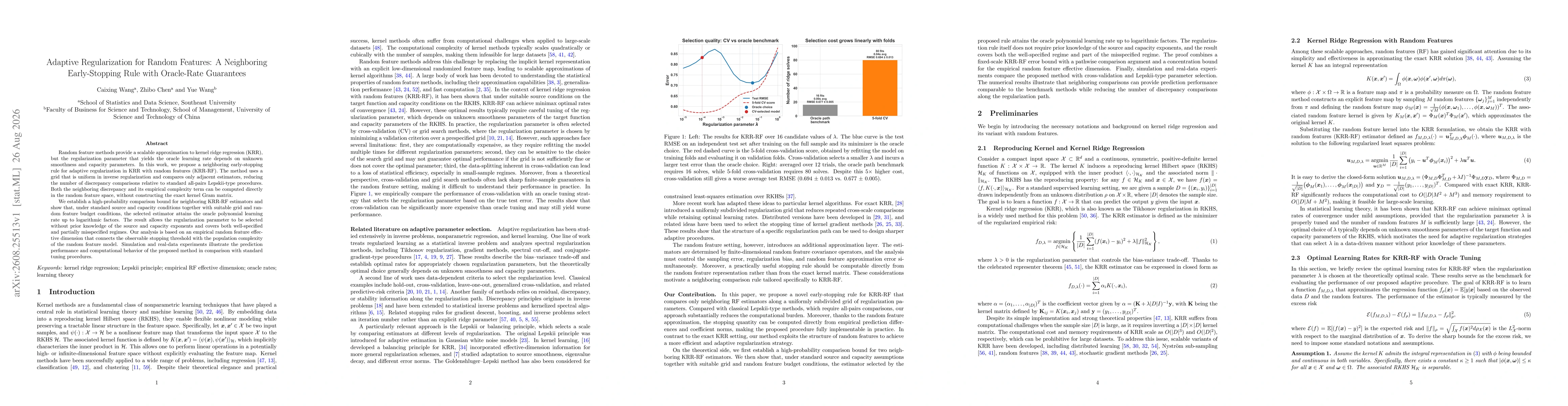 Thumbnail for Adaptive Regularization for Random Features: A Neighboring Early-Stopping Rule with Oracle-Rate Guarantees