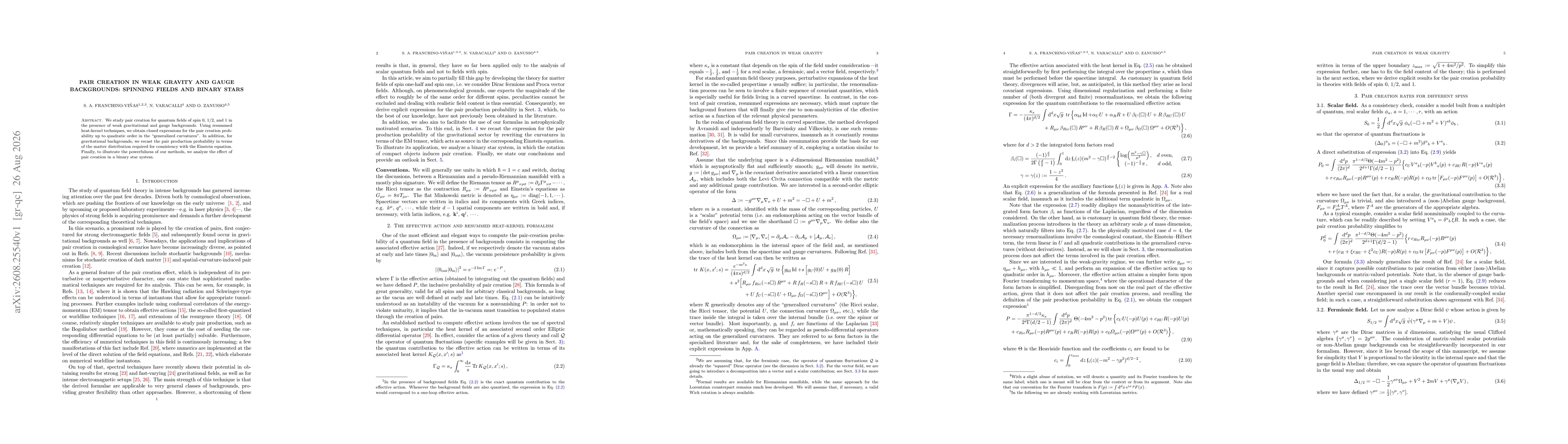 Thumbnail for Pair creation in weak gravity and gauge backgrounds: spinning fields and binary stars
