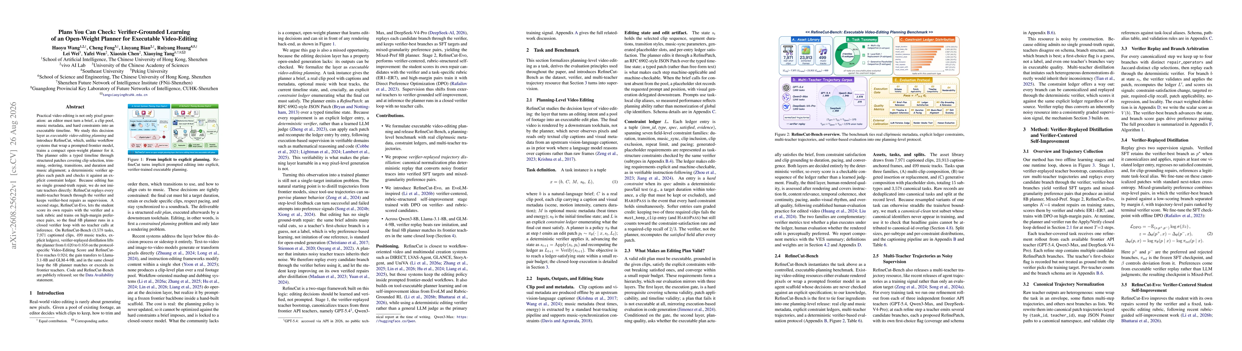 Thumbnail for Plans You Can Check: Verifier-Grounded Learning of an Open-Weight Planner for Executable Video-Editing