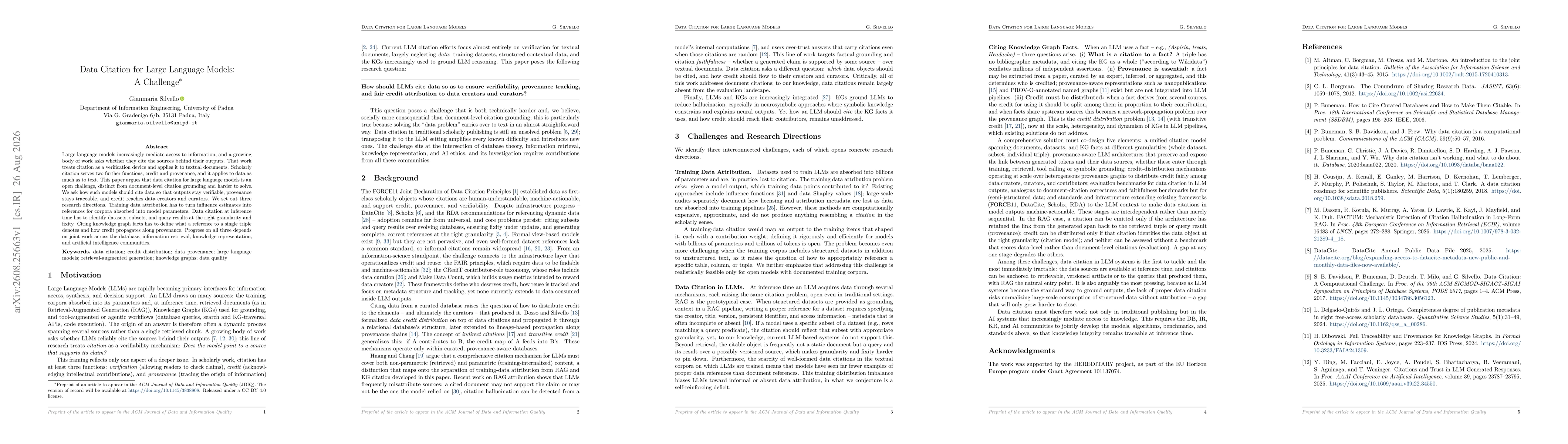 Thumbnail for Data Citation for Large Language Models: A Challenge