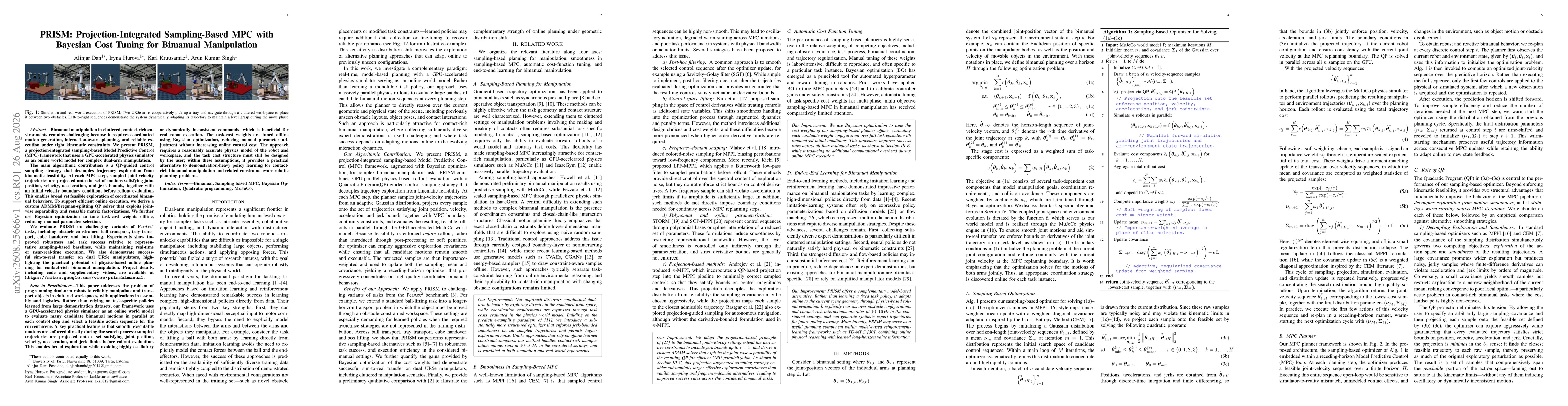 Thumbnail for PRISM: Projection-Integrated Sampling-Based MPC with Bayesian Cost Tuning for Bimanual Manipulation