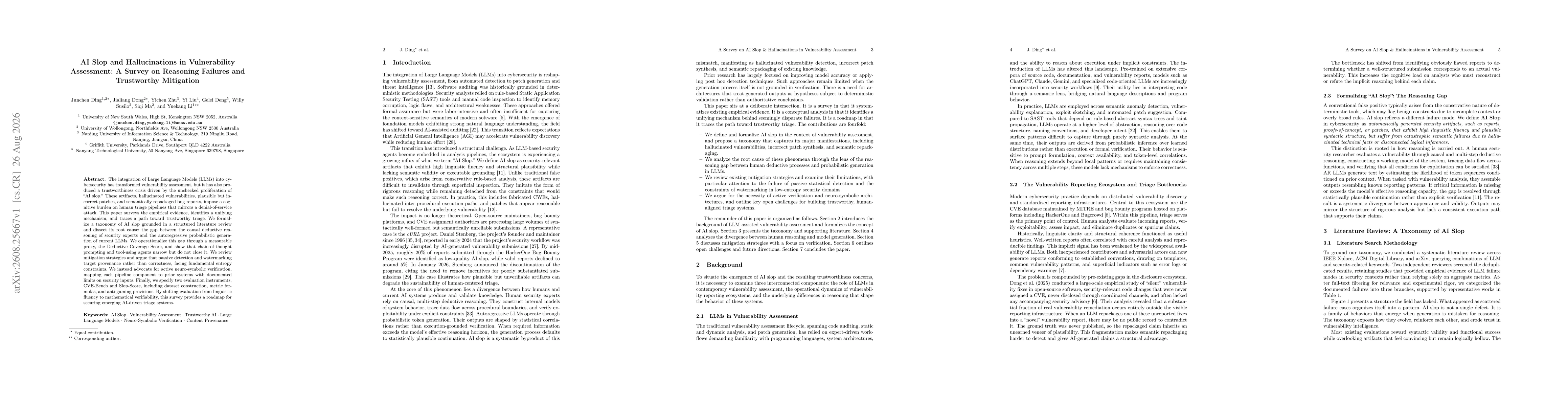Thumbnail for AI Slop and Hallucinations in Vulnerability Assessment: A Survey on Reasoning Failures and Trustworthy Mitigation