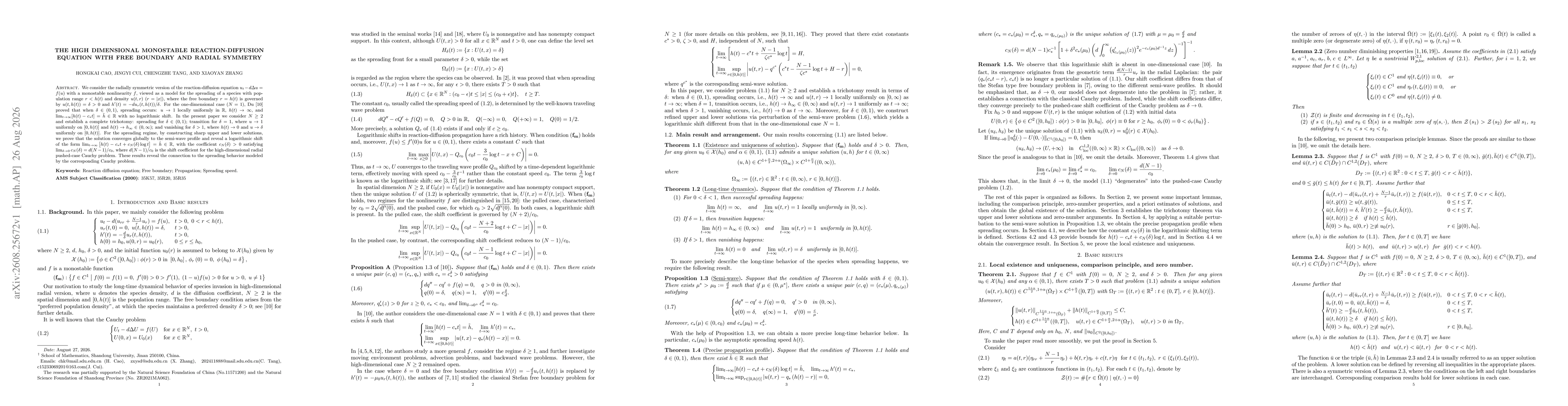 Thumbnail for The high dimensional monostable reaction-diffusion equation with free boundary and radial symmetry