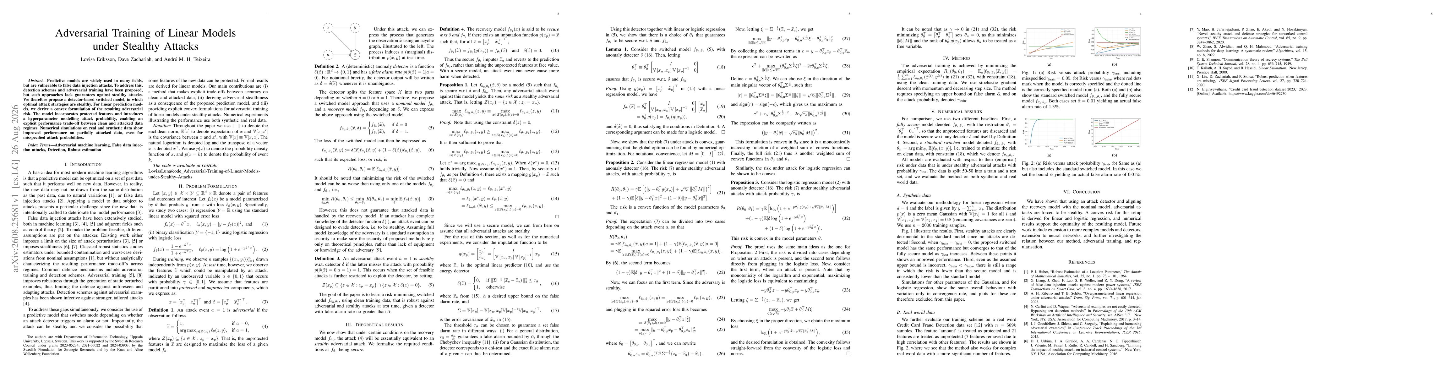 Thumbnail for Adversarial Training of Linear Models under Stealthy Attacks