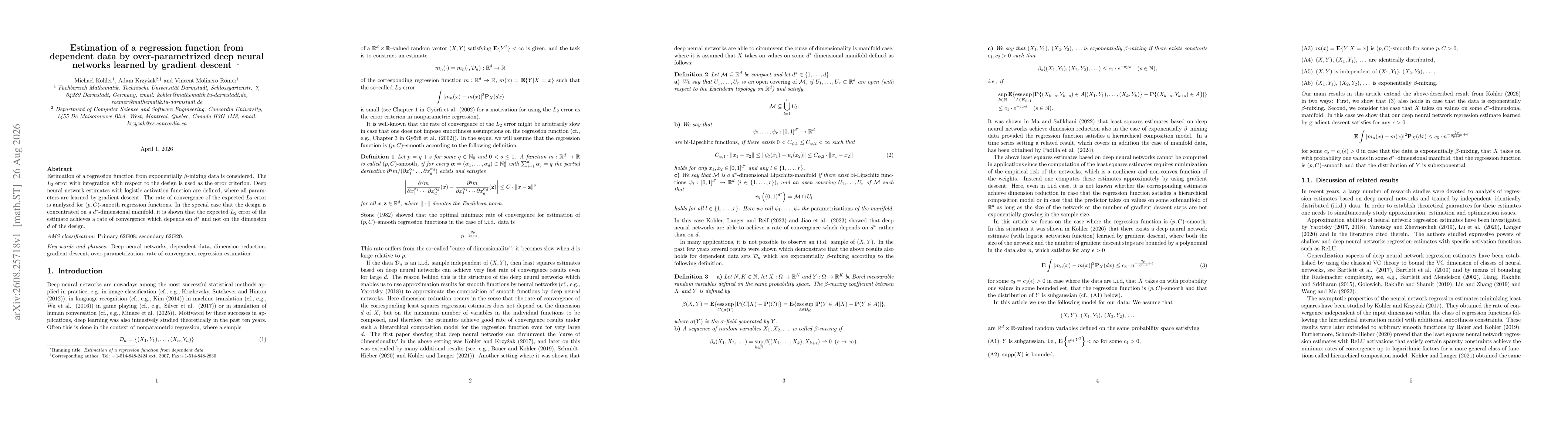 Thumbnail for Estimation of a regression function from dependent data by over-parametrized deep neural networks learned by gradient descent