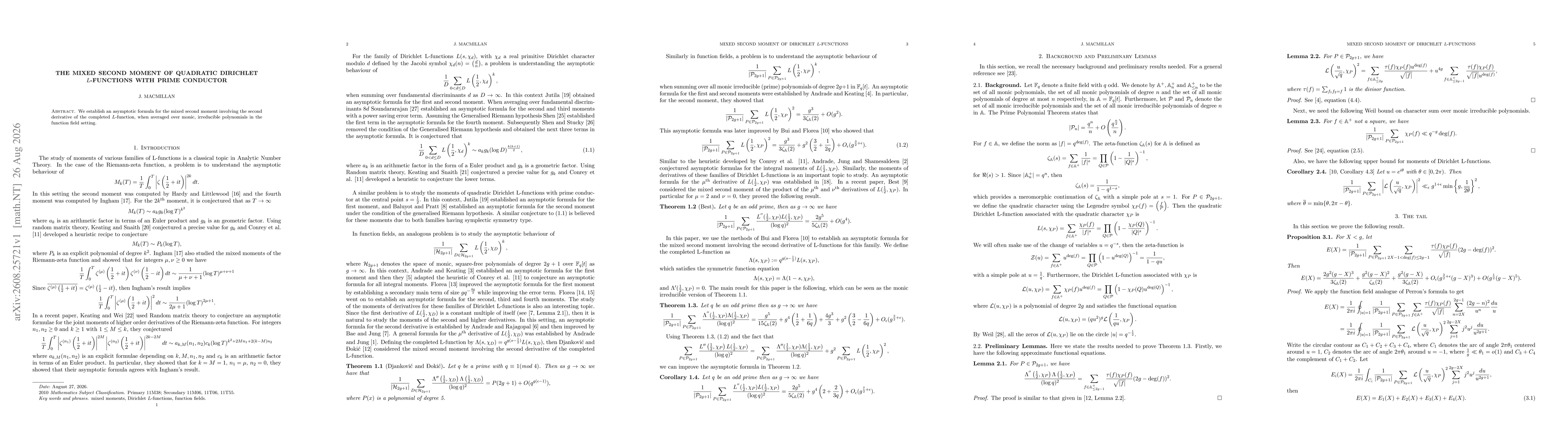 Thumbnail for The Mixed Second Moment of Quadratic Dirichlet $L$-functions with Prime Conductors