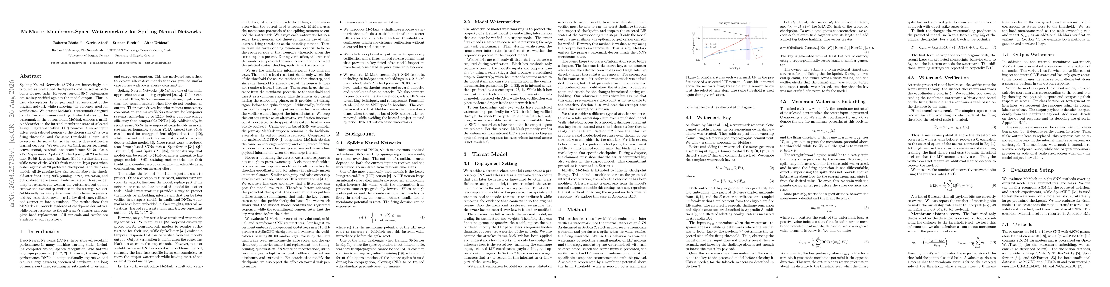 Thumbnail for MeMark: Membrane-Space Watermarking for Spiking Neural Networks