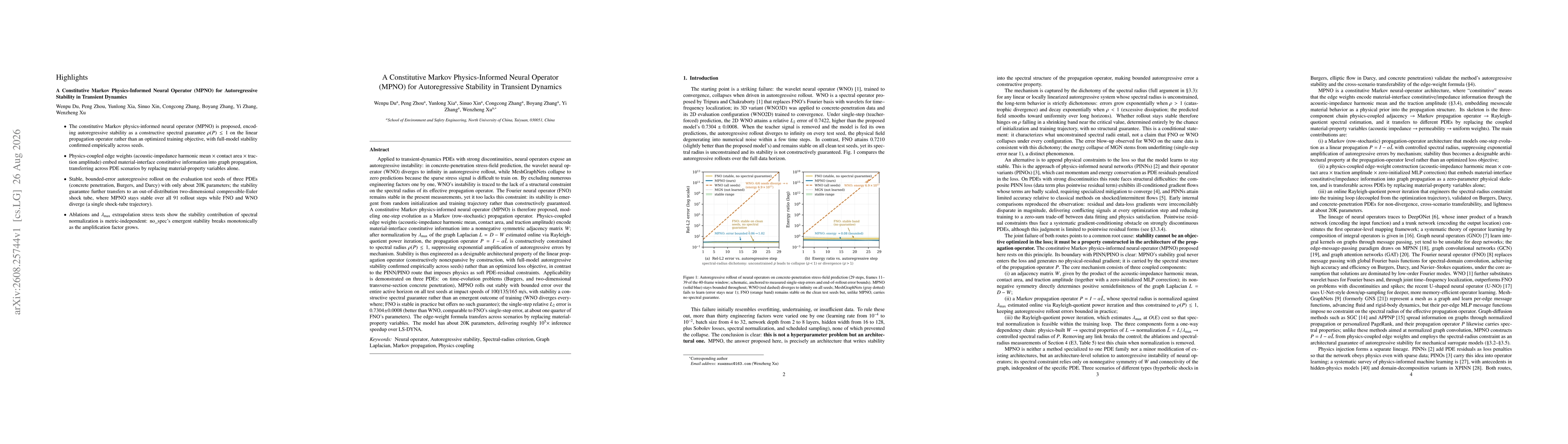 Thumbnail for A Constitutive Markov Physics-Informed Neural Operator (MPNO) for Autoregressive Stability in Transient Dynamics