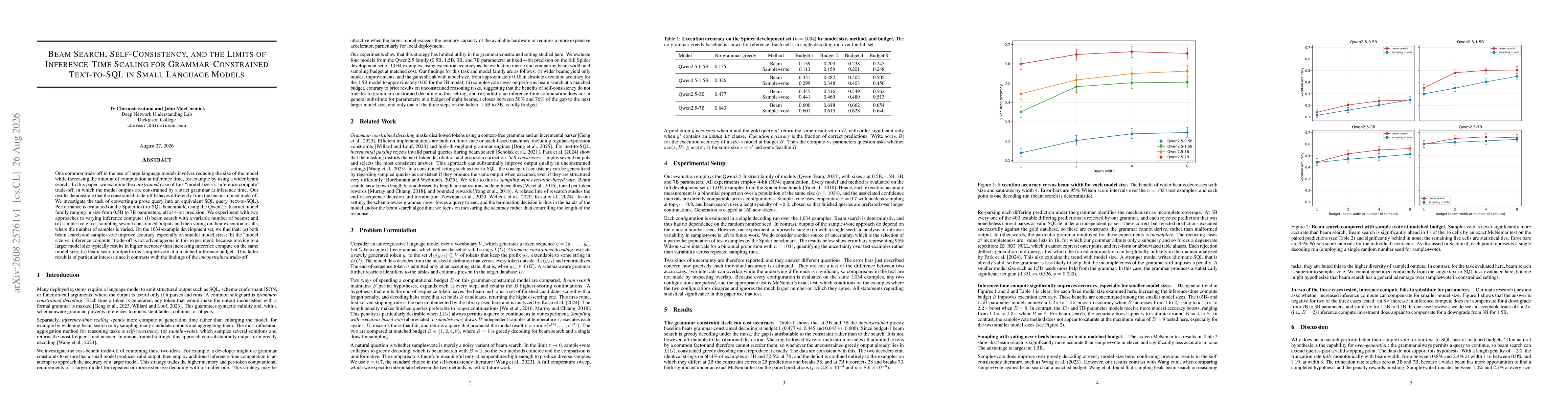 Thumbnail for Beam Search, Self-Consistency, and the Limits of Inference-Time Scaling for Grammar-Constrained Text-to-SQL in Small Language Models