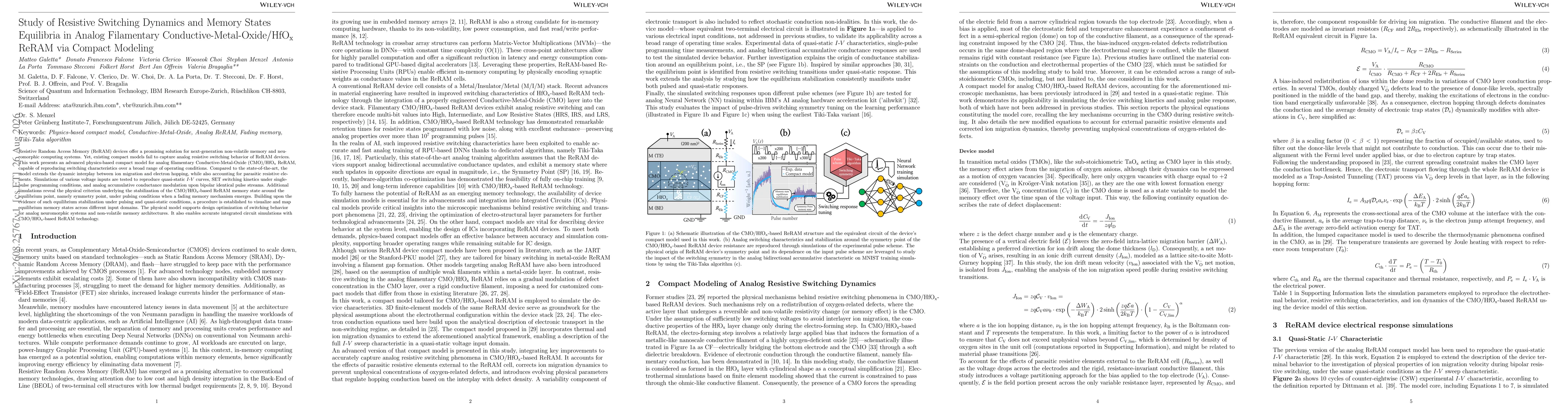 Thumbnail for Study of Resistive Switching Dynamics and Memory States Equilibria in Analog Filamentary Conductive-Metal-Oxide/HfOx ReRAM via Compact Modeling