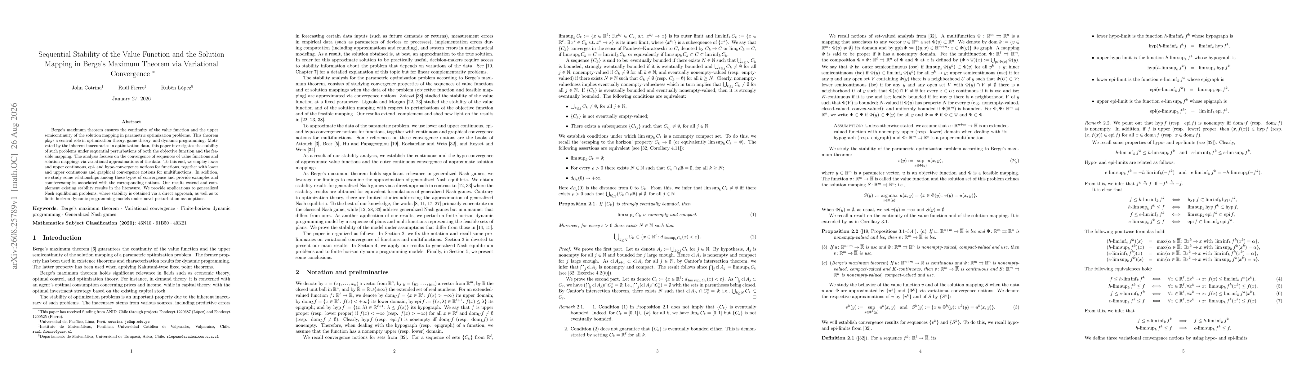 Thumbnail for Sequential Stability of the Value Function and the Solution Mapping in Berge's Maximum Theorem via Variational Convergence