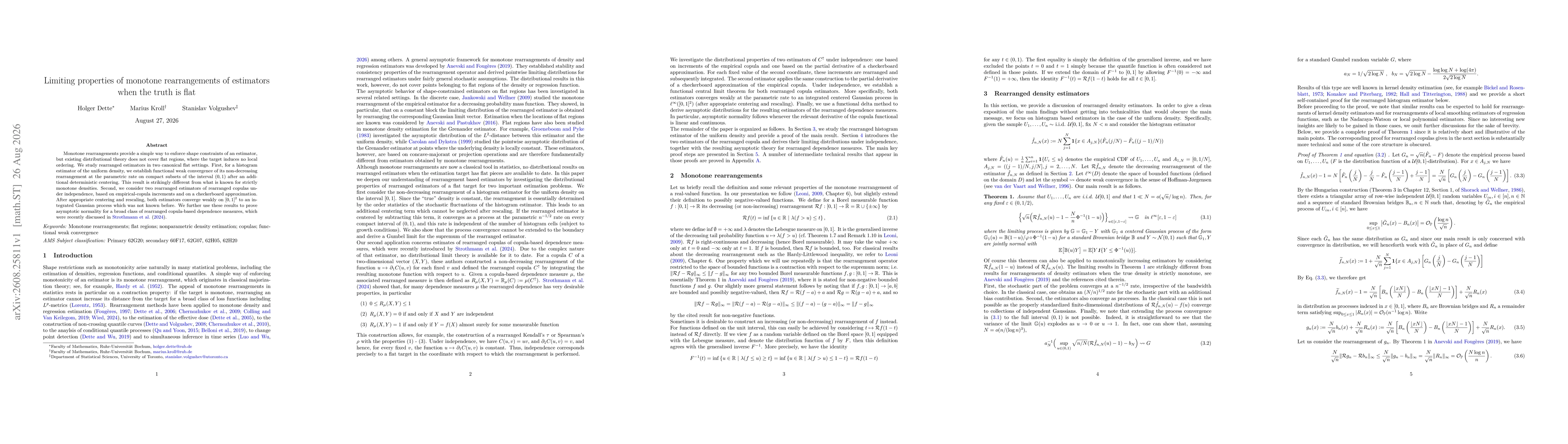 Thumbnail for Limiting properties of monotone rearrangements of estimators when the truth is flat