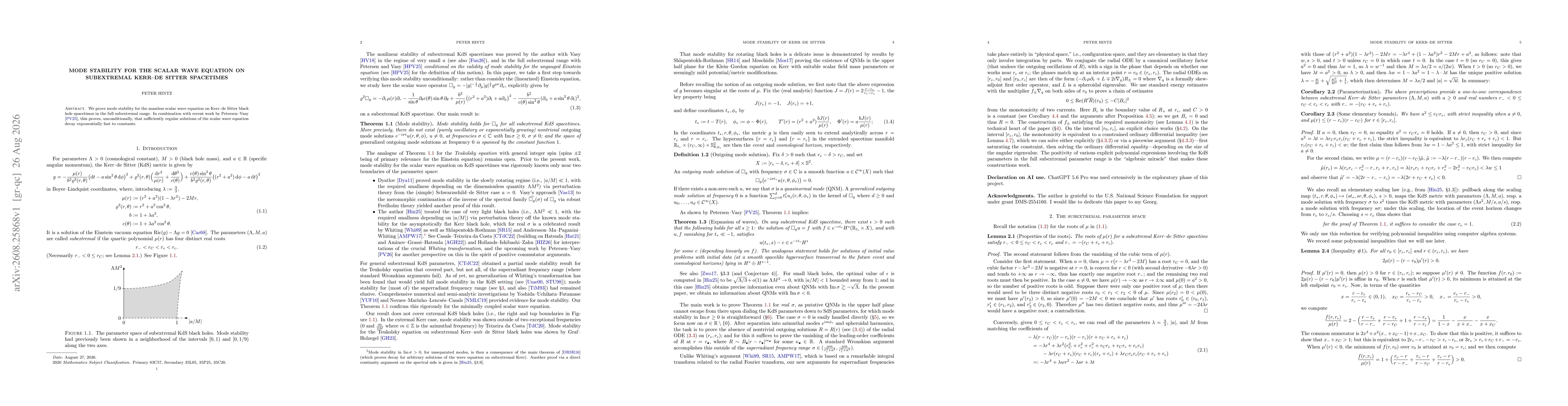 Thumbnail for Mode stability for the scalar wave equation on subextremal Kerr-de Sitter spacetimes