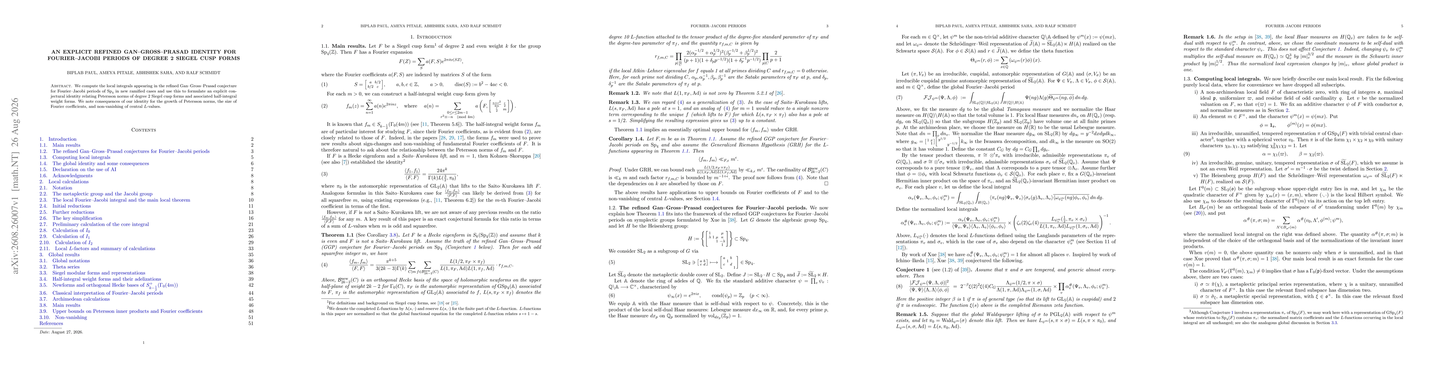 Thumbnail for An explicit refined Gan--Gross--Prasad identity for Fourier--Jacobi periods of degree 2 Siegel cusp forms