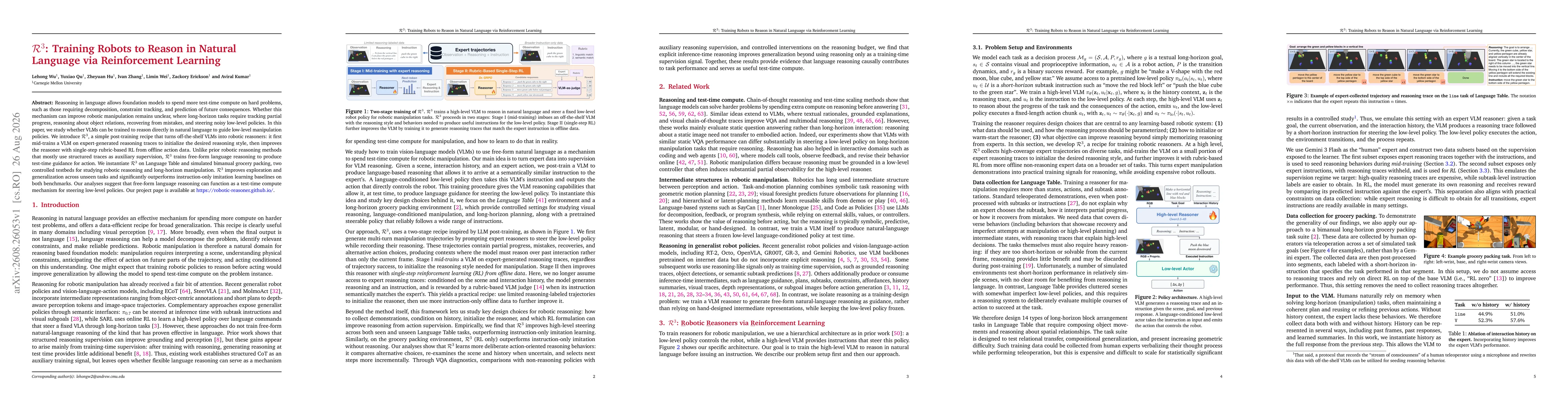 Thumbnail for $R^3$: Training Robots to Reason in Natural Language via Reinforcement Learning