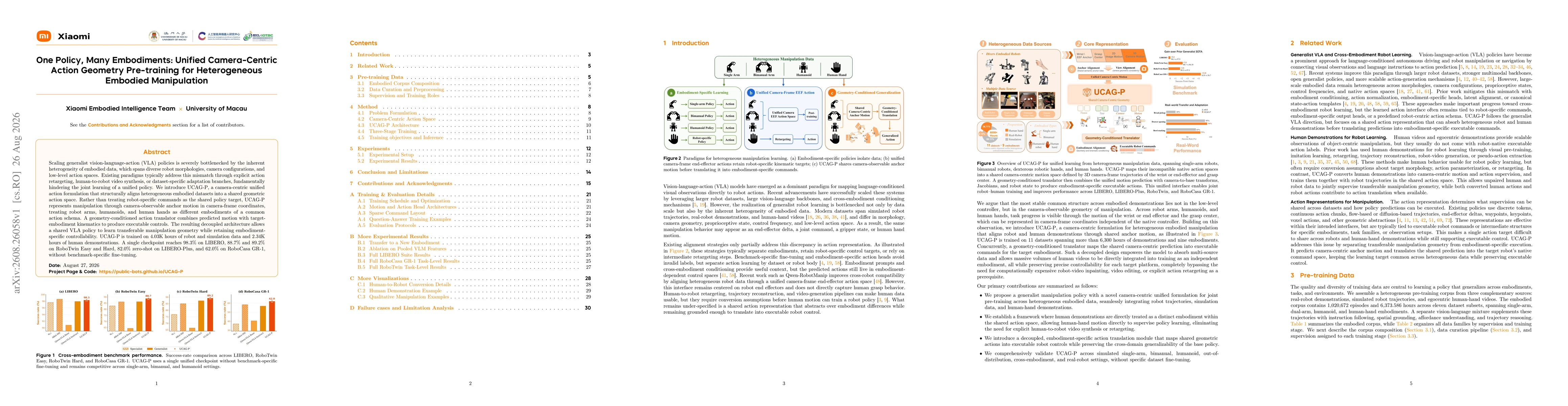 Thumbnail for One Policy, Many Embodiments: Unified Camera-Centric Action Geometry Pre-training for Heterogeneous Embodied Manipulation