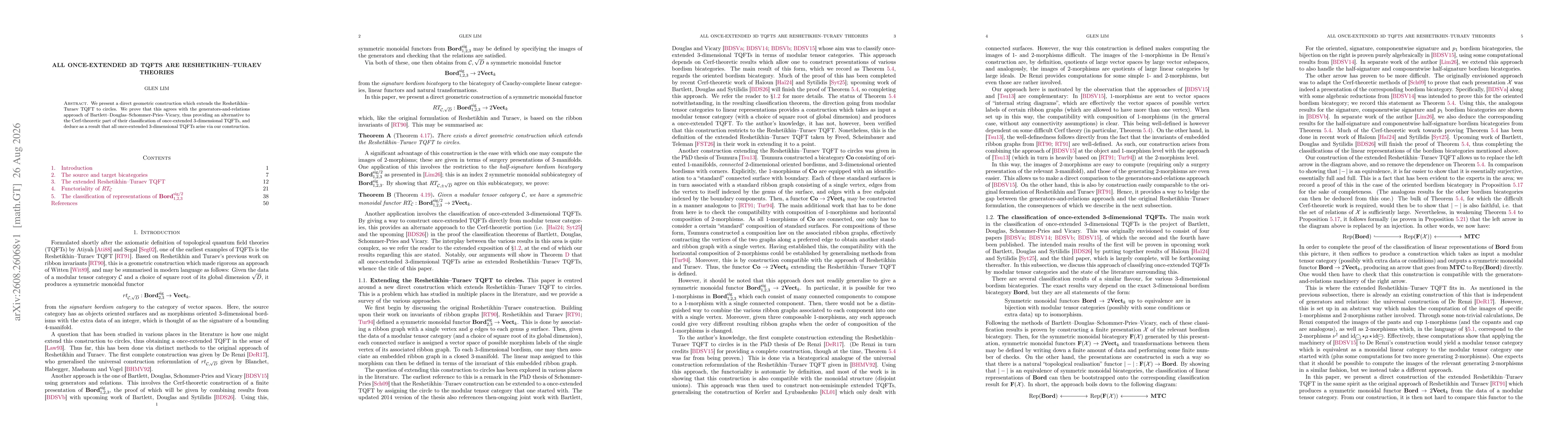 Thumbnail for All once-extended 3D TQFTs are Reshetikhin--Turaev theories