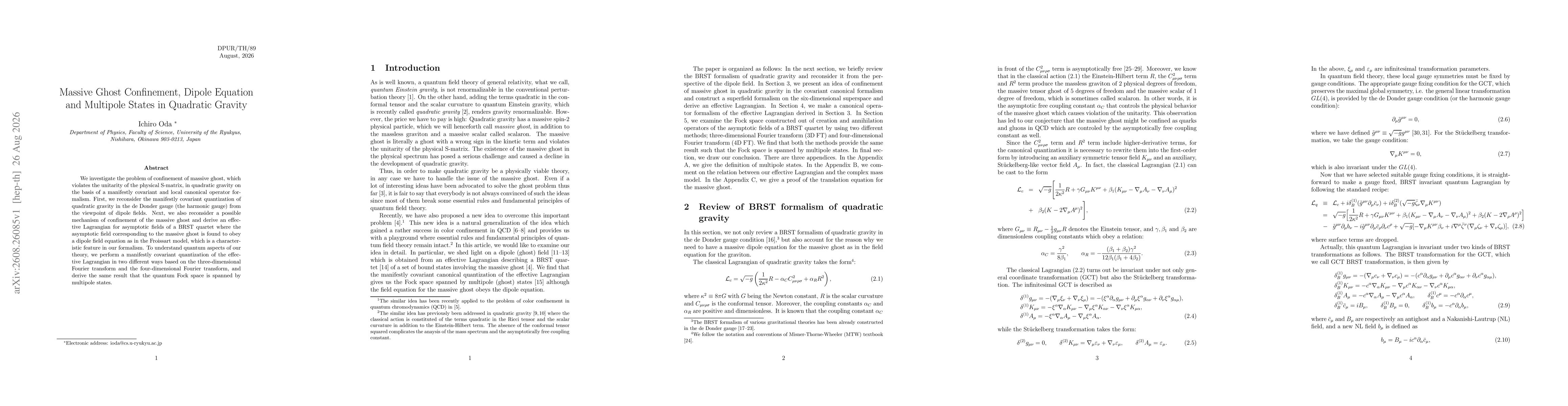 Thumbnail for Massive Ghost Confinement, Dipole Equation and Multipole States in Quadratic Gravity