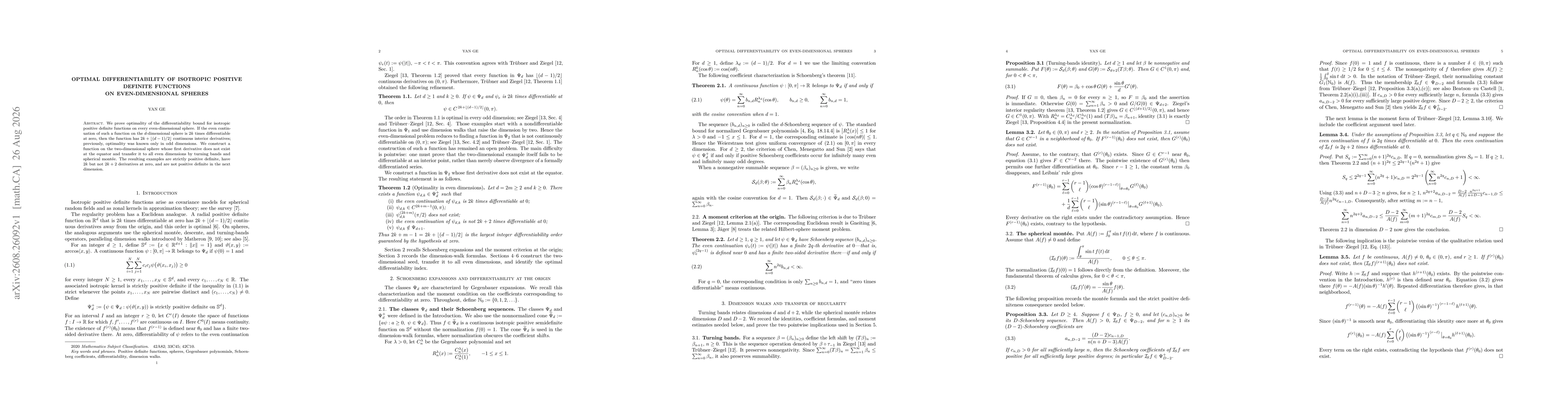 Thumbnail for Optimal differentiability of isotropic positive definite functions on even-dimensional spheres