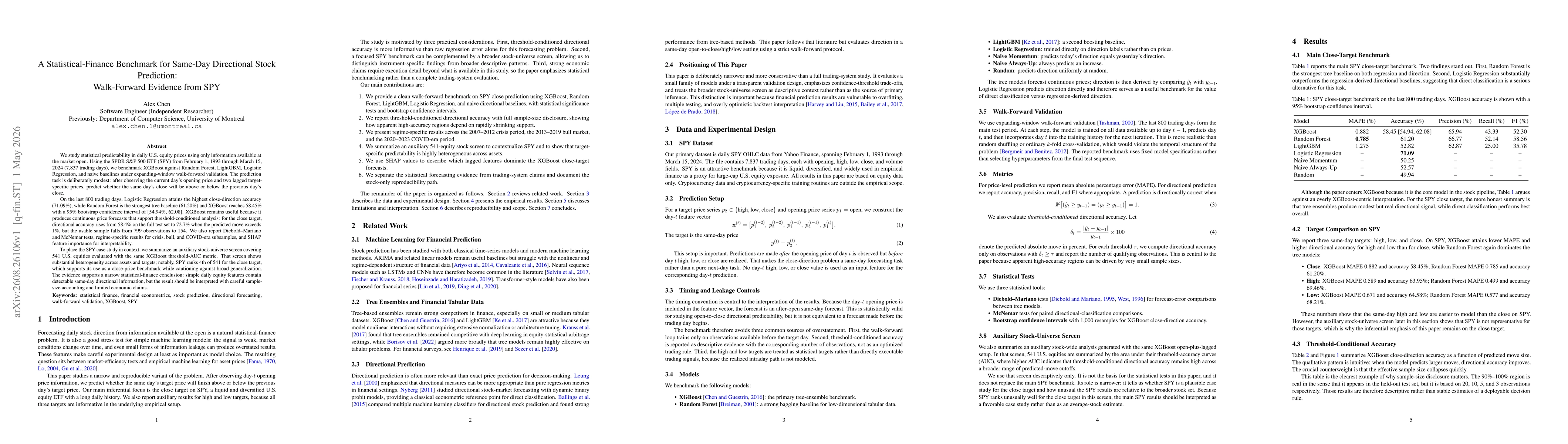 Thumbnail for A Statistical-Finance Benchmark for Same-Day Directional Stock Prediction: Walk-Forward Evidence from SPY