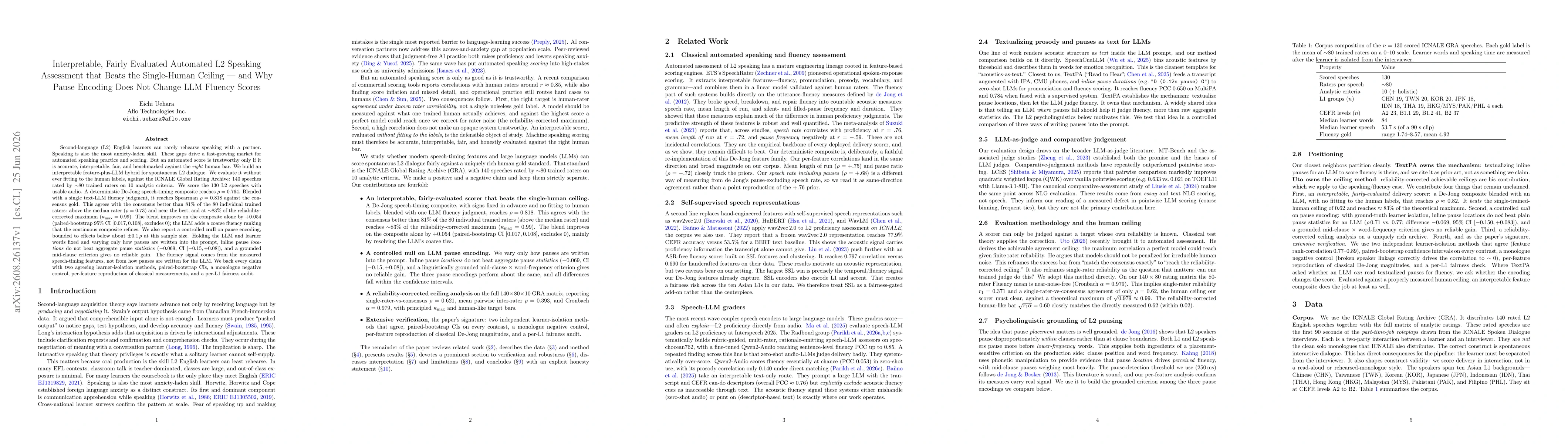 Thumbnail for Interpretable, Fairly Evaluated Automated L2 Speaking Assessment that Beats the Single-Human Ceiling and Why Pause Encoding Does Not Change LLM Fluency Scores